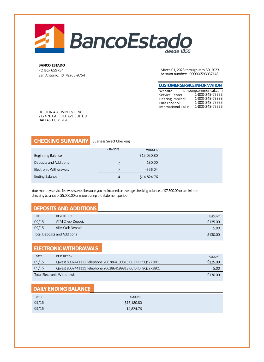 Fake BANCO del Estado de Chille Business Bank Statement