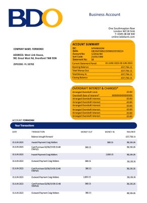 Fake BDO Business Bank Statement