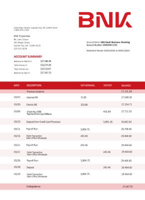 Fake BNK Financial Business Bank Statement