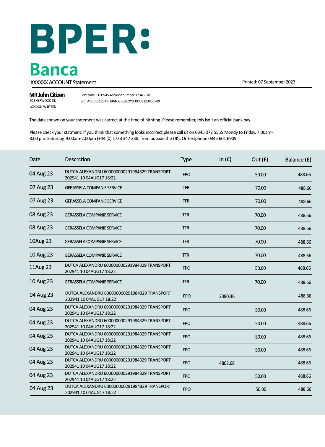 Fake BPER Group Business Bank Statement