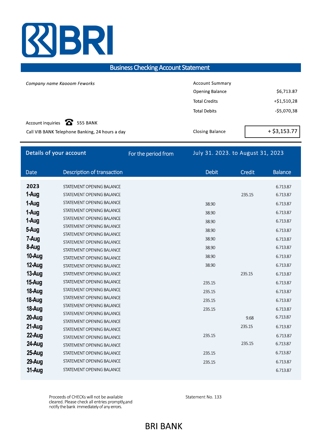 Fake BRI Business Bank Statement