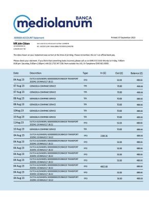 Fake Banca Mediolanum firm Business Bank Statement