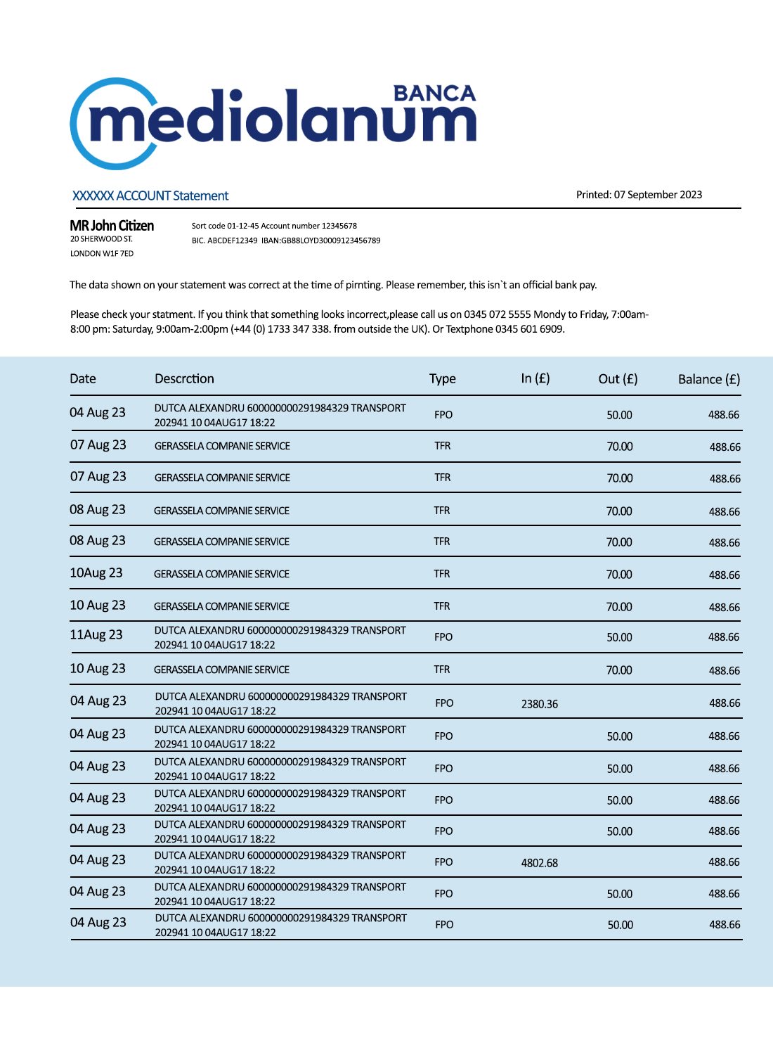 Fake Banca Mediolanum firm Business Bank Statement