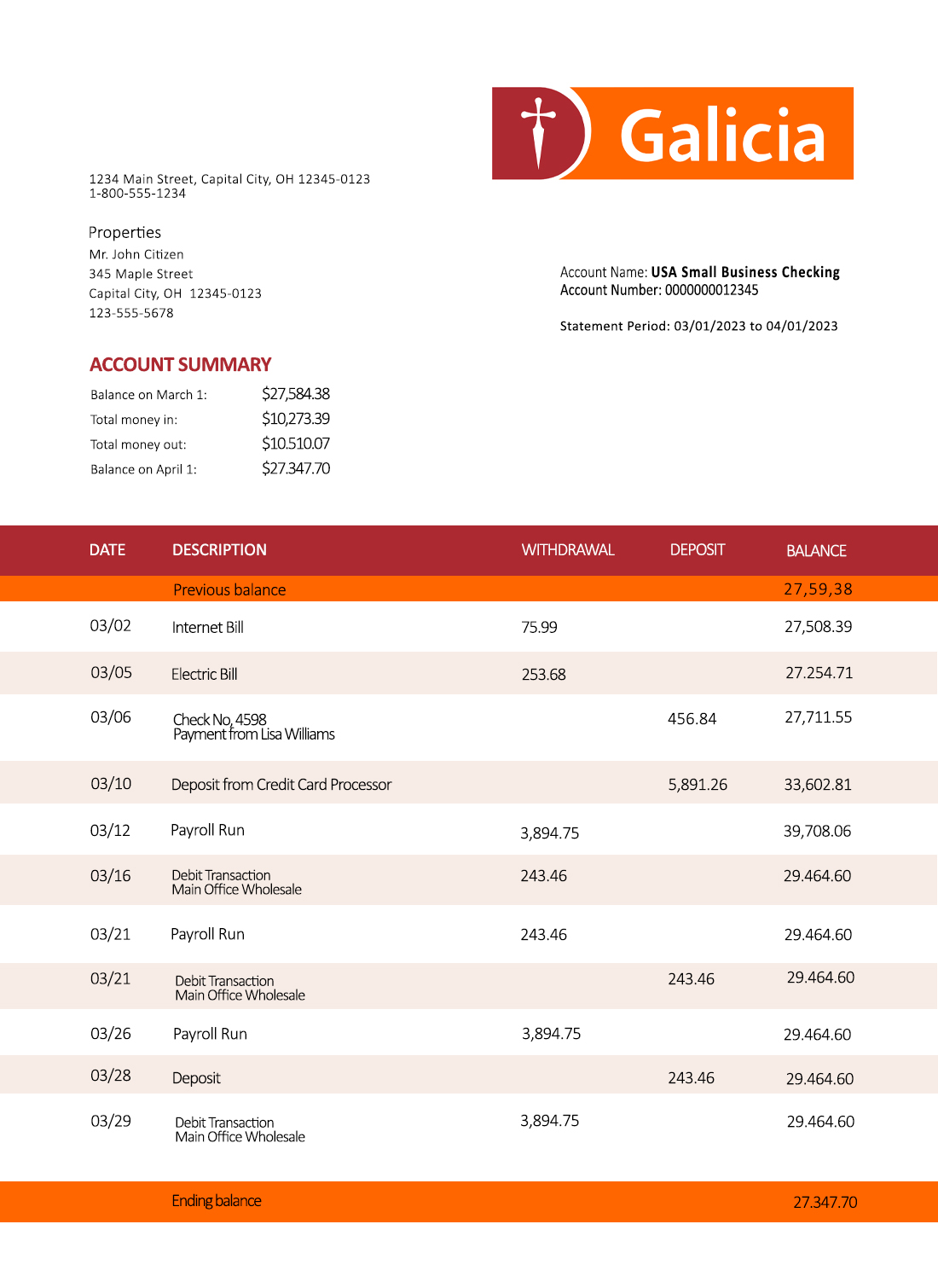 Fake Banco Galicia Business Bank Statement