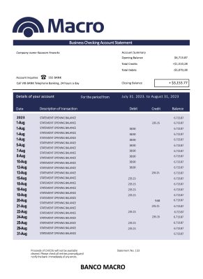 Fake Banco Macro organization Business Bank Statement