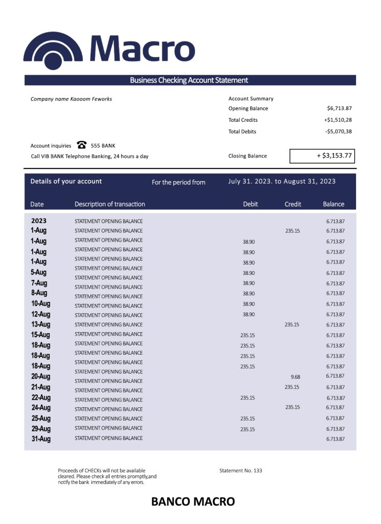 Fake Banco Macro organization Business Bank Statement
