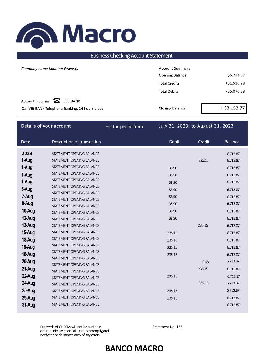 Fake Banco Macro organization Business Bank Statement