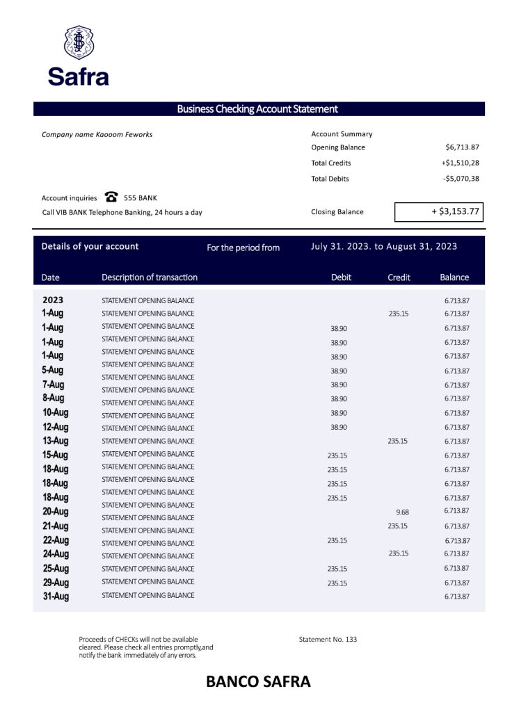 Fake Banco Safra Business Bank Statement