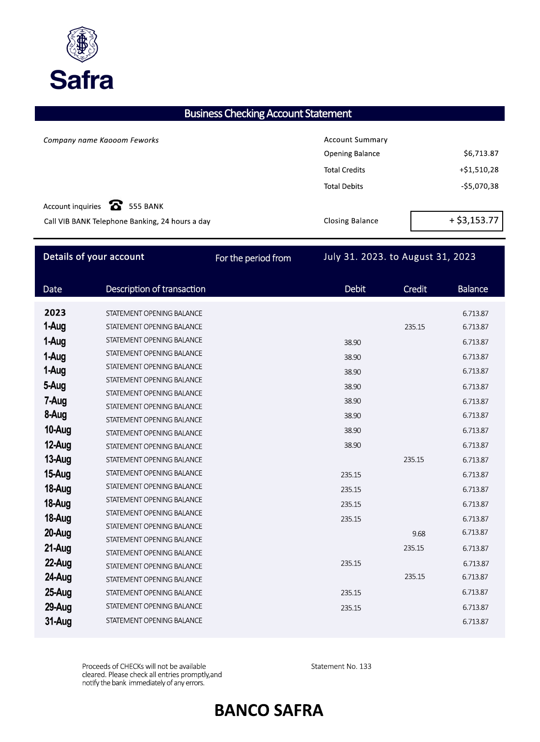 Fake Banco Safra Business Bank Statement