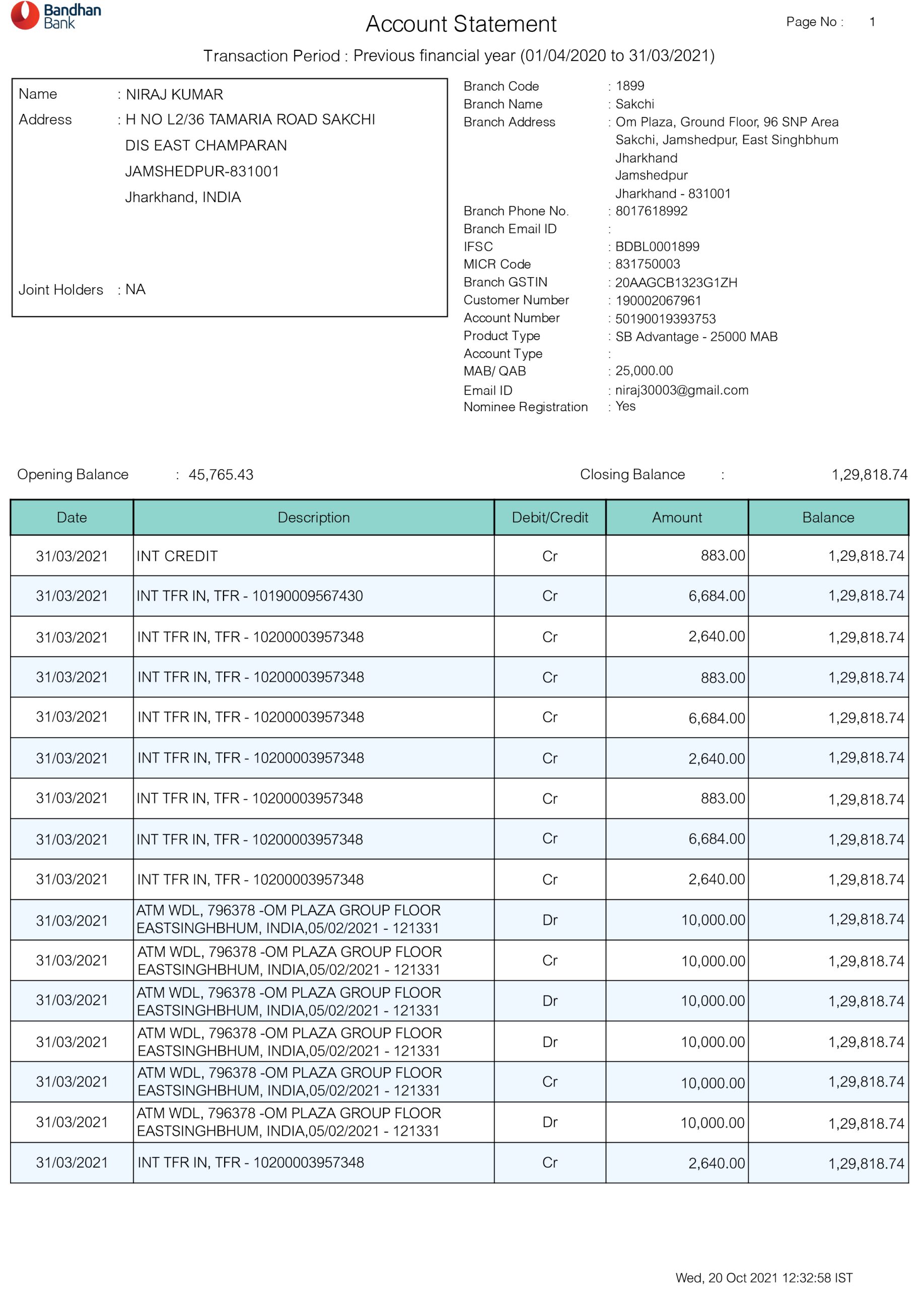 Fake Bandhan Business Bank Statement