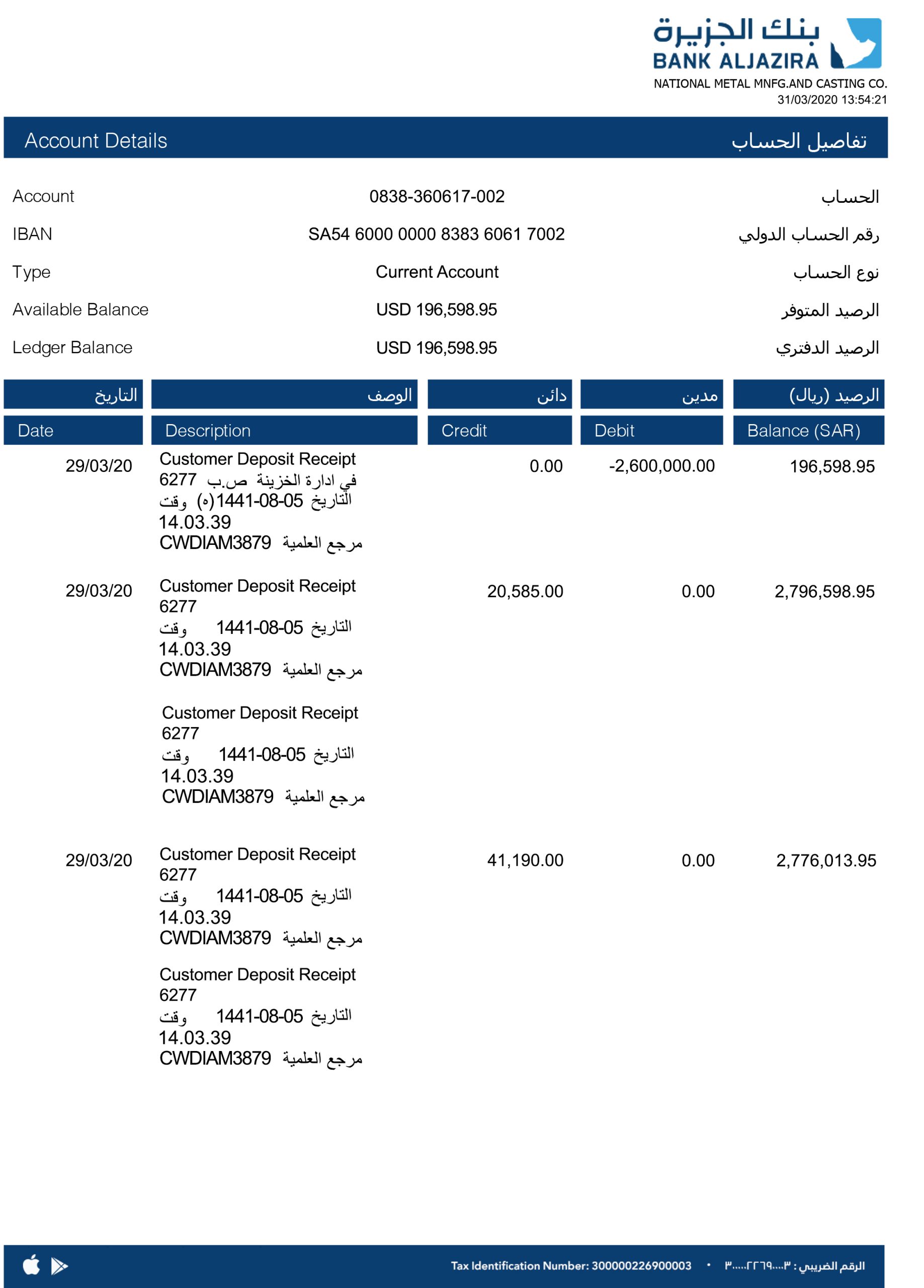 Fake Bank AlJazira firm Business Statement