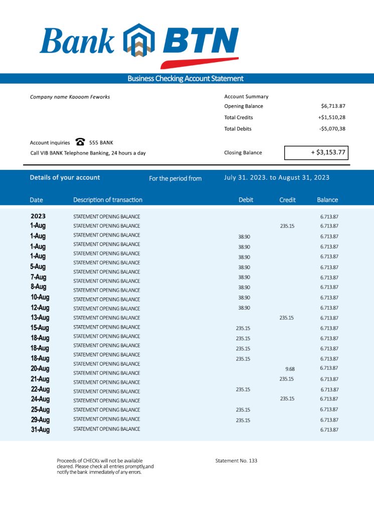 Fake Bank Btn Business Bank Statement