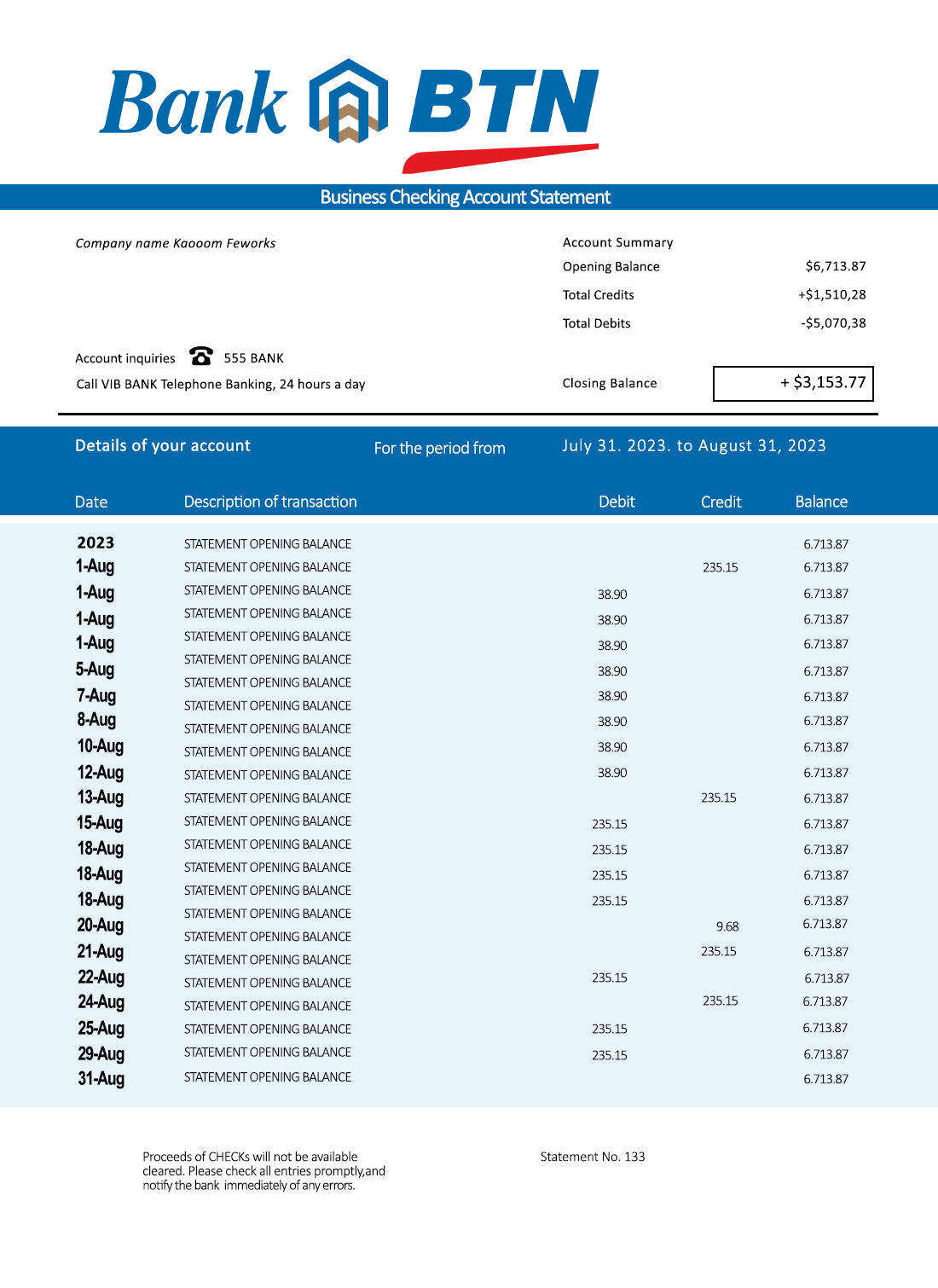 Fake Bank Btn Business Bank Statement