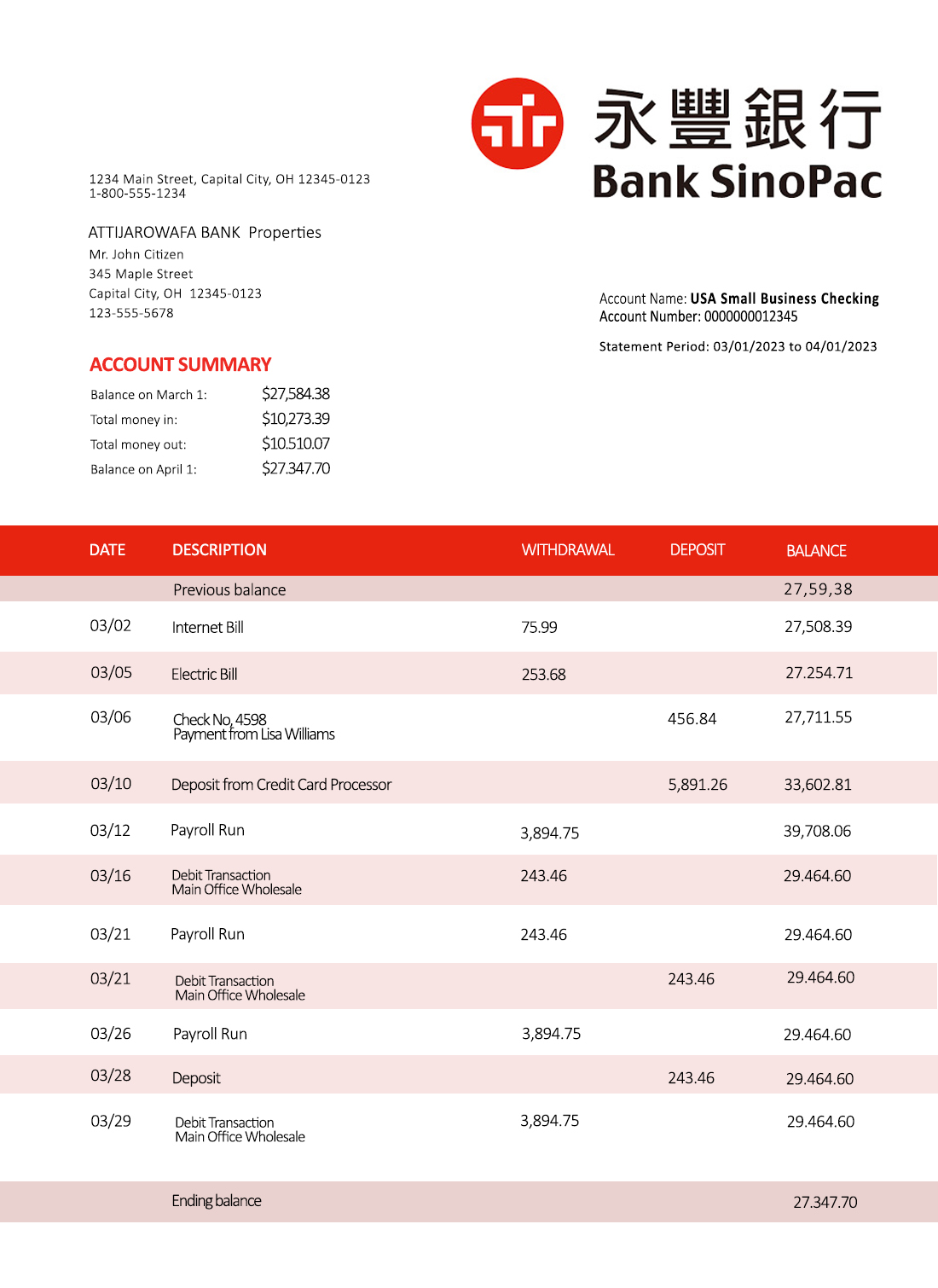 Fake Bank Sinopac Business Statement