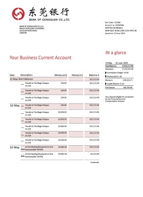 Fake Bank of Dongguan Business Bank Statement