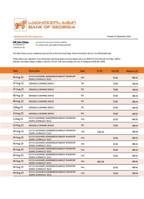 Fake Bank of Georgia Business Statement