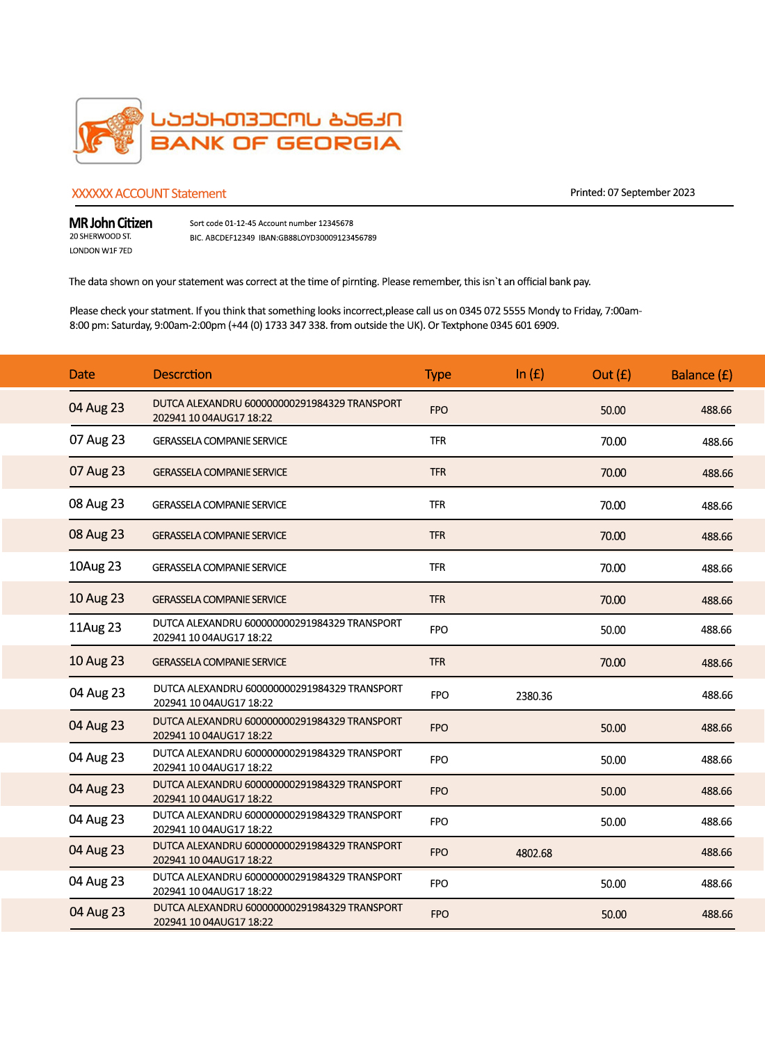 Fake Bank of Georgia Business Statement