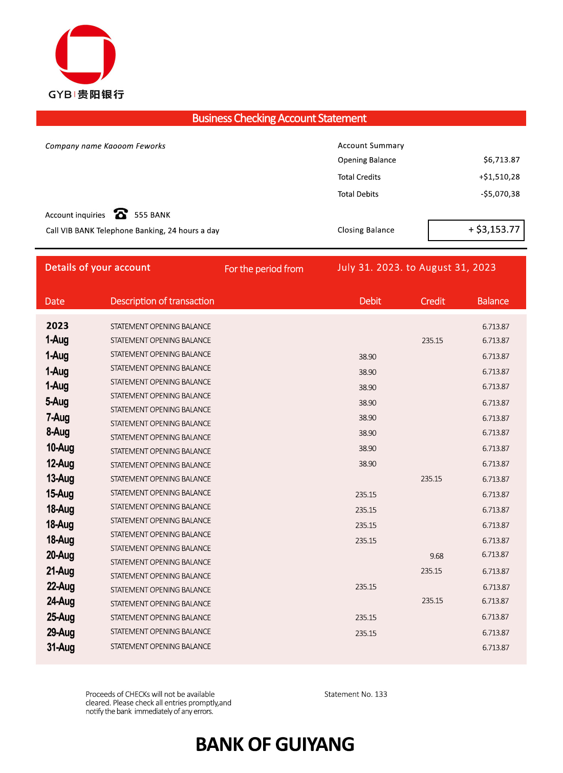 Fake Bank of Guiyang firm Business Statement