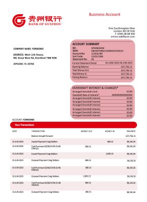 Fake Bank of Guizhou Business Bank Statement