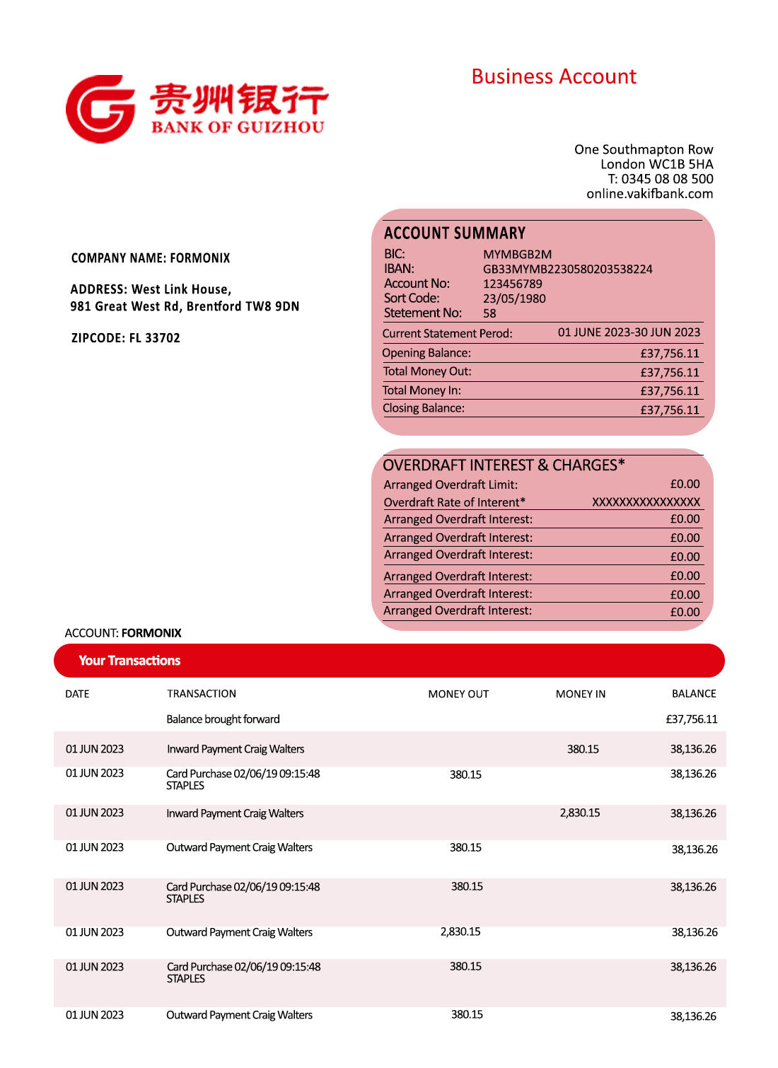 Fake Bank of Guizhou Business Bank Statement