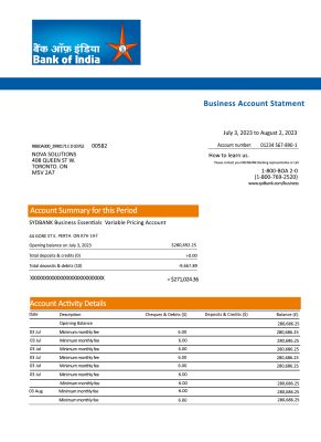 Fake Bank of India company Business Bank Statement