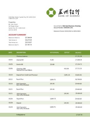 Fake Bank of Suzhou Business Bank Statement