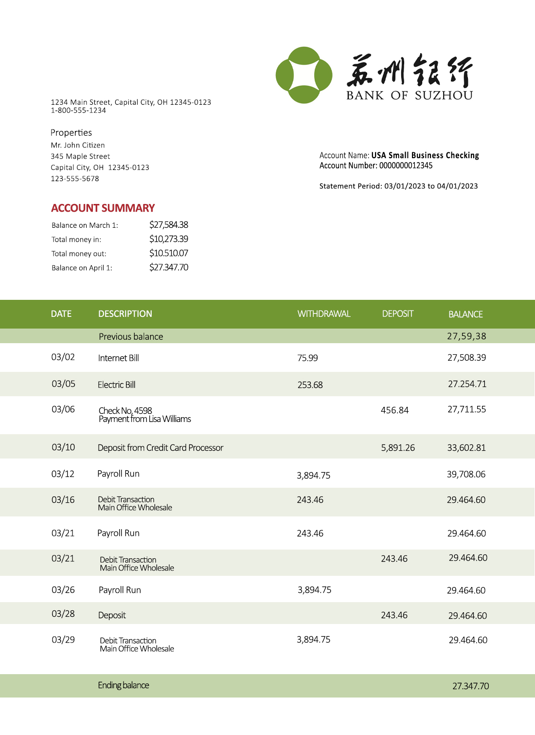 Fake Bank of Suzhou Business Bank Statement