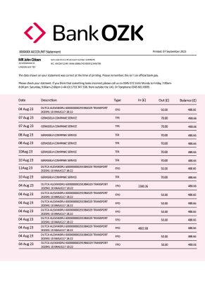 Fake Bank of the Ozarks firm Business Bank Statement