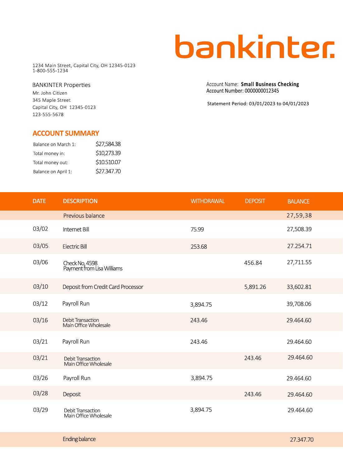 Fake Bankinter enterprise Business Bank Statement