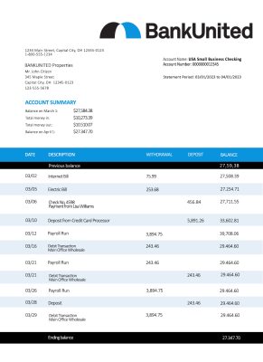Fake Bankunited enterprise Business Bank Statement
