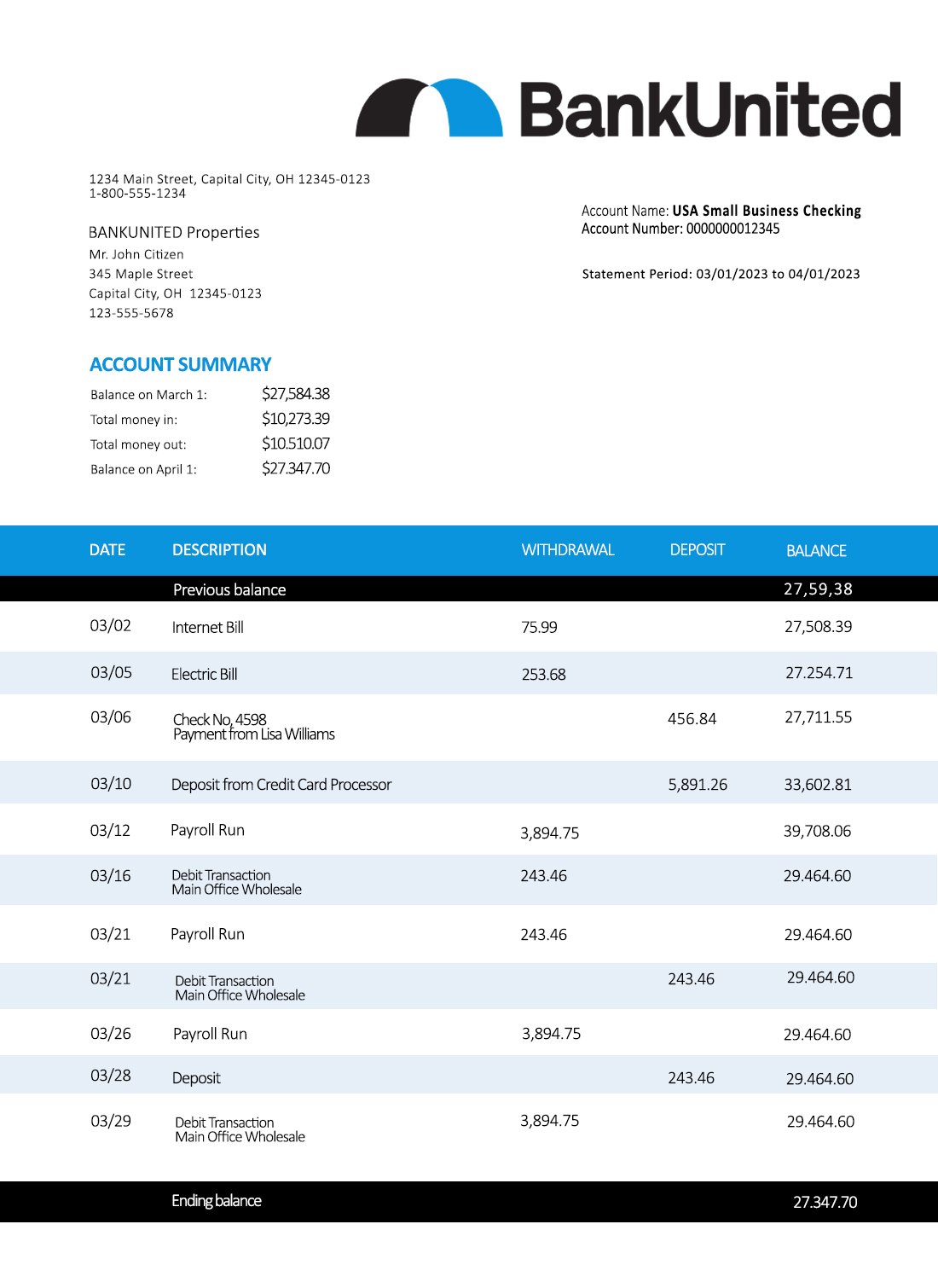 Fake Bankunited enterprise Business Bank Statement