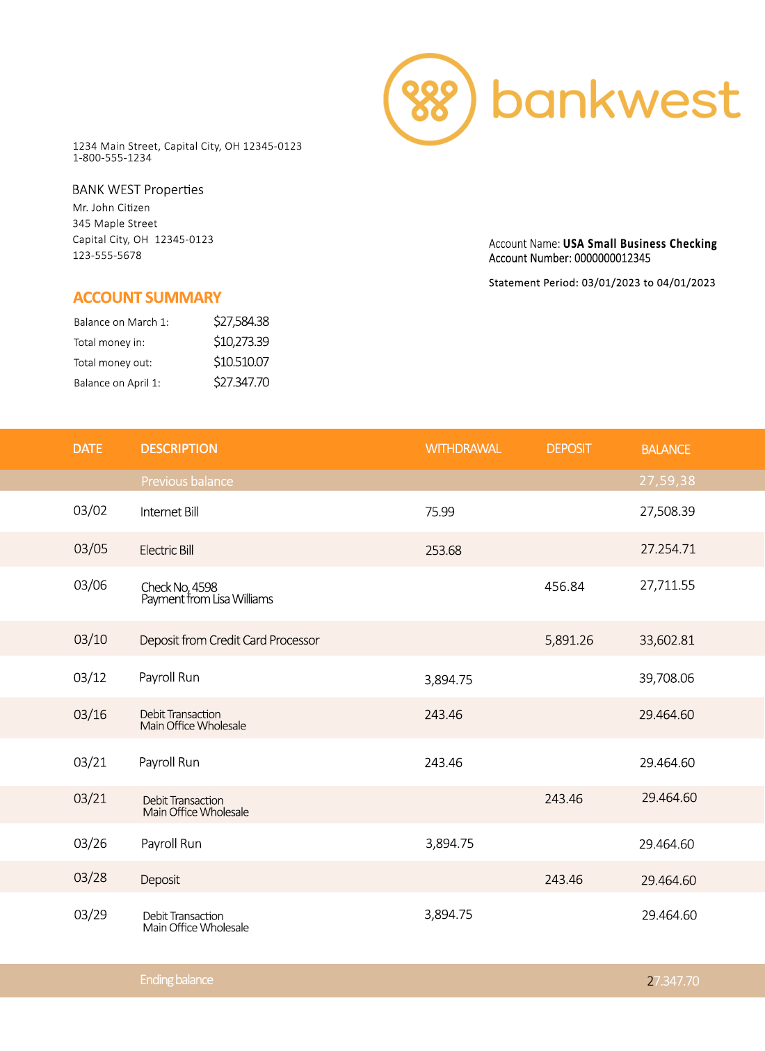 Fake Bankwest Business Bank Statement