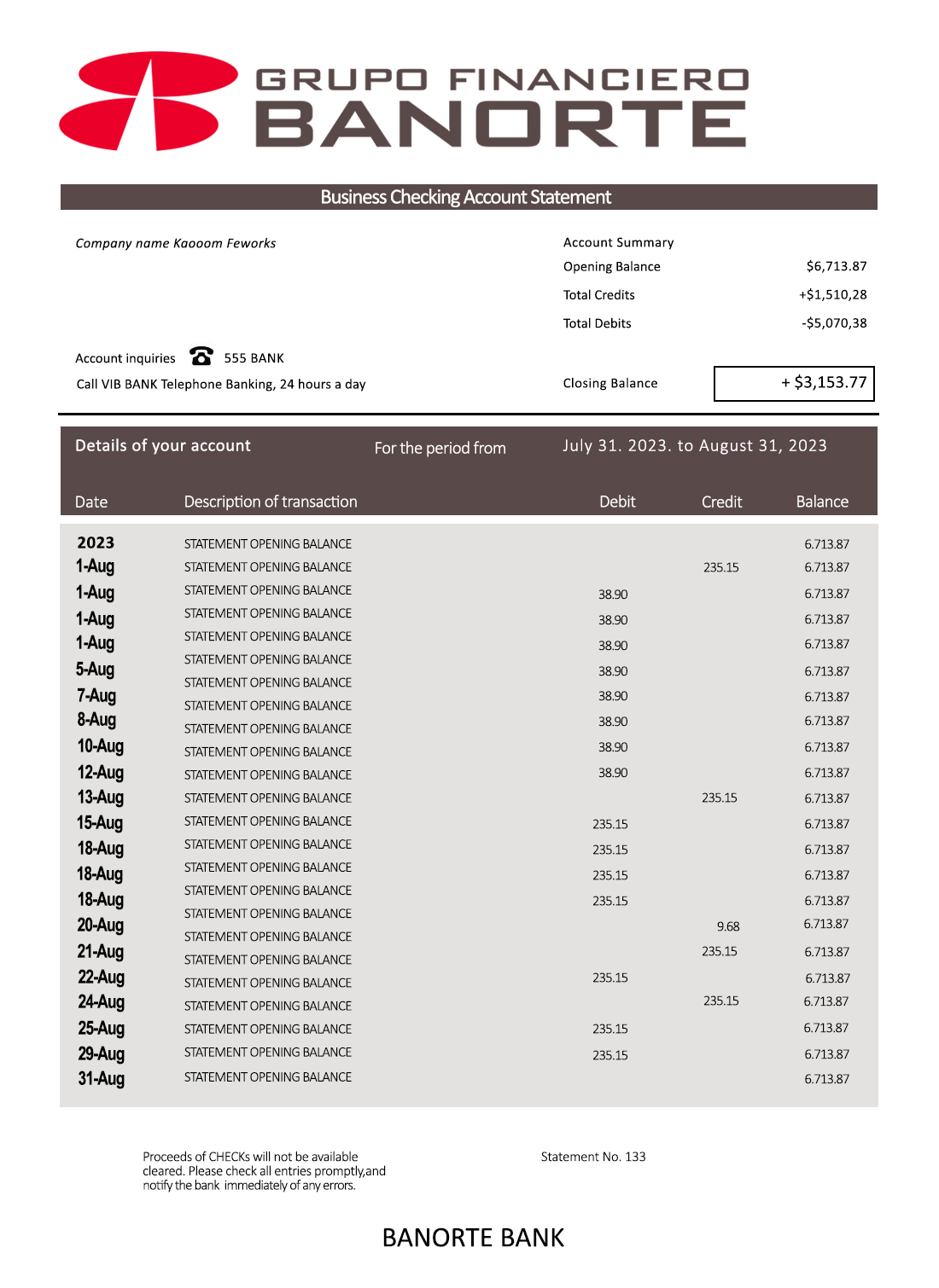 Fake Banorte Business Bank Statement