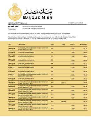 Fake Banque Misr organization Business Bank Statement