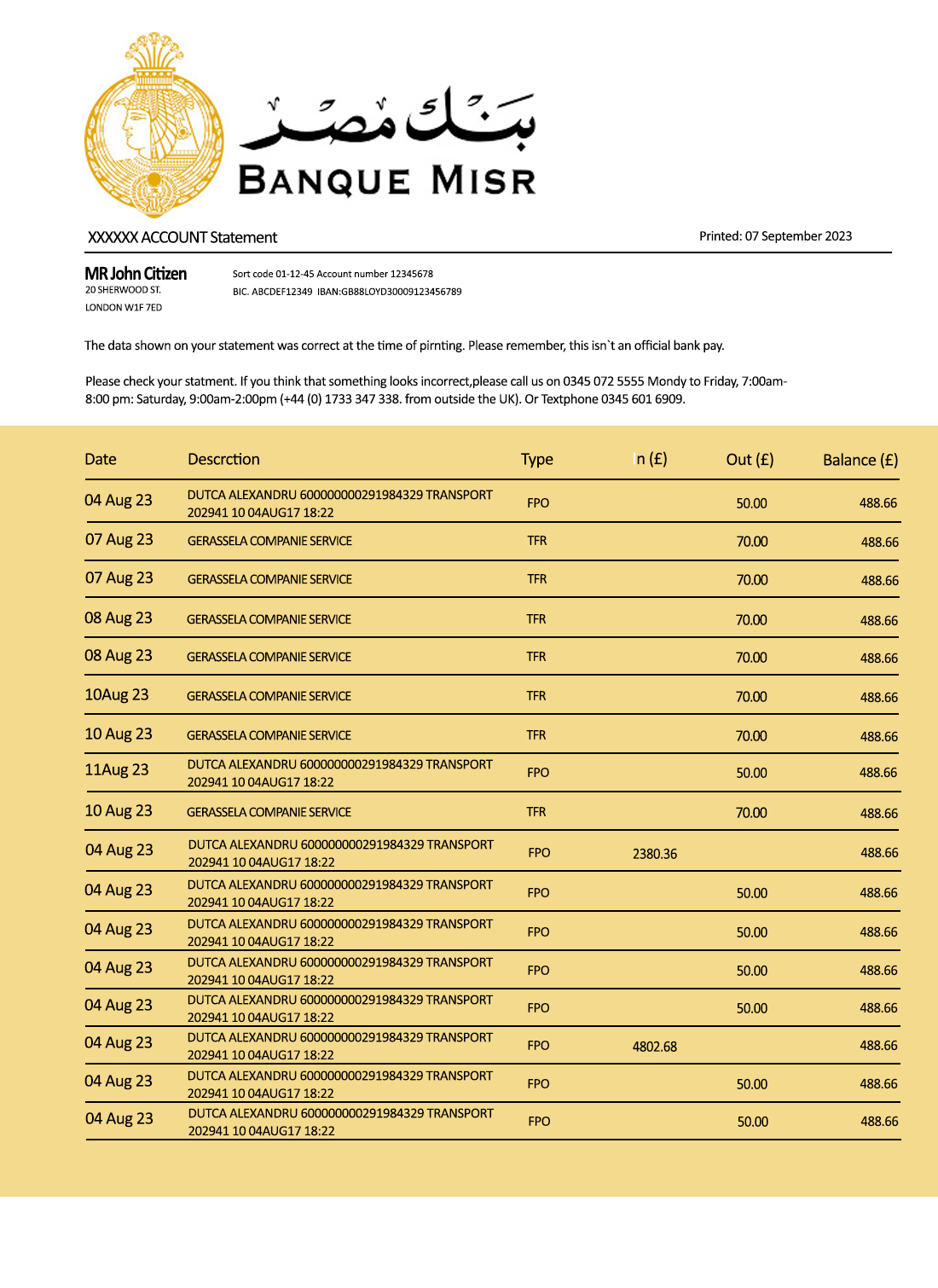 Fake Banque Misr organization Business Bank Statement