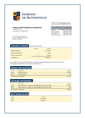 Fake Banque Privee Edmond de Rothschild organization checking Business Bank Statement