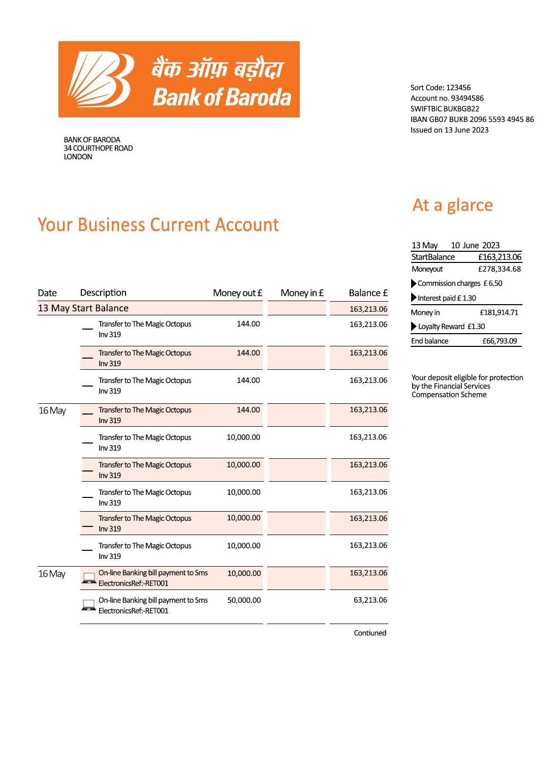 Fake Baroda company Business Bank Statement
