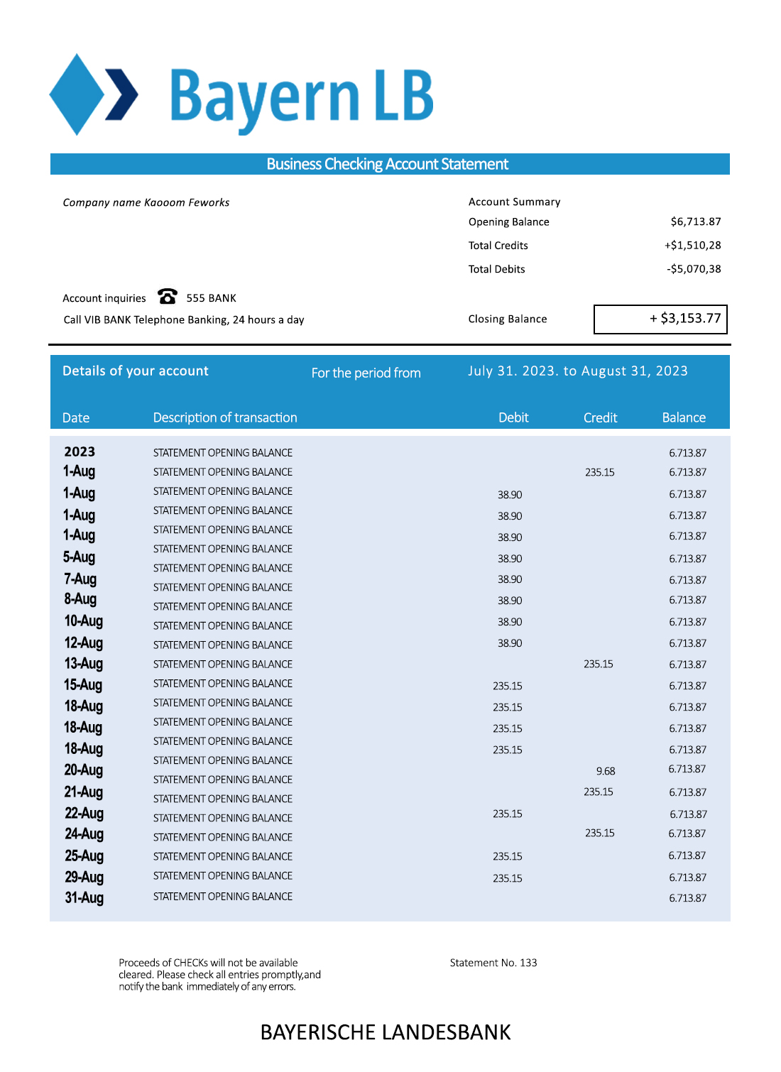 Fake Bayerische Landesbank Business Bank Statement