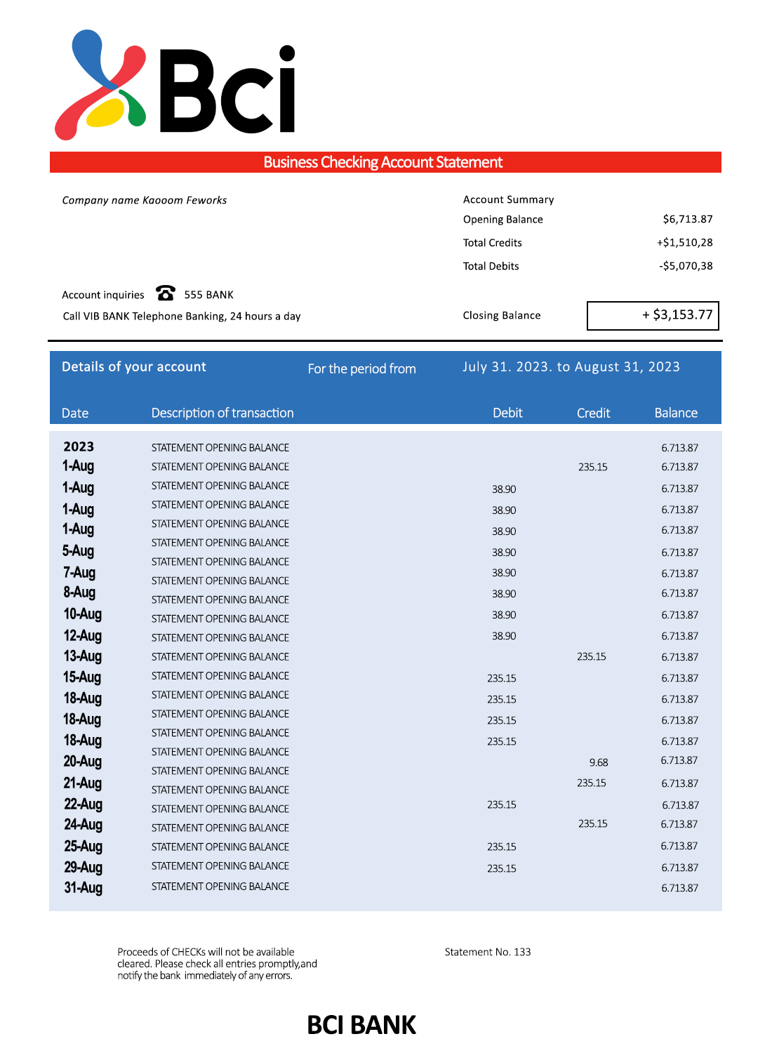 Fake Bci Business Bank Statement