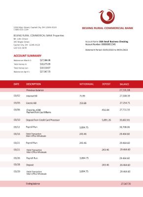 Fake Beijing Rural Commercial Business Bank Statement