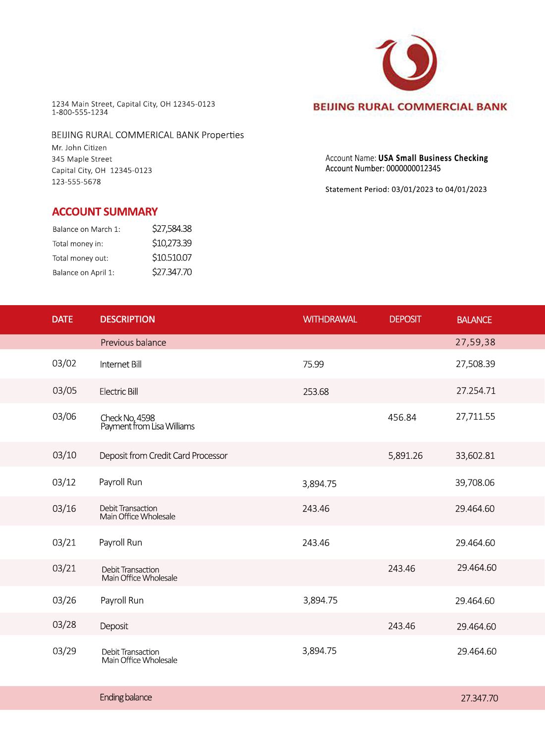 Fake Beijing Rural Commercial Business Bank Statement