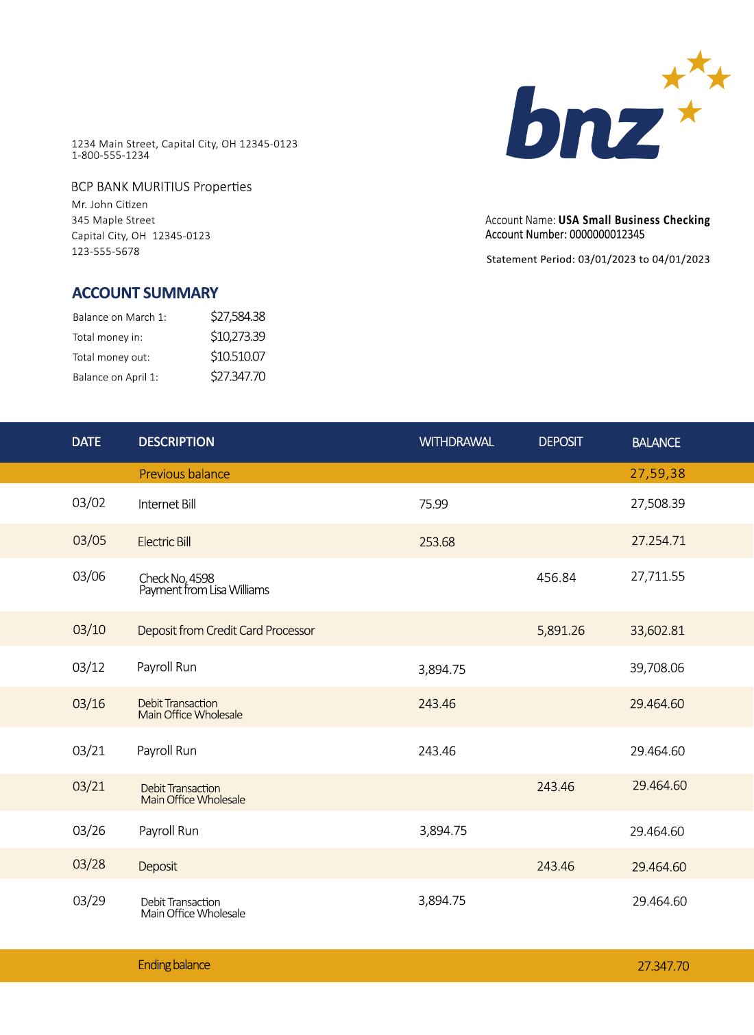 Fake Bnz Business Bank Statement