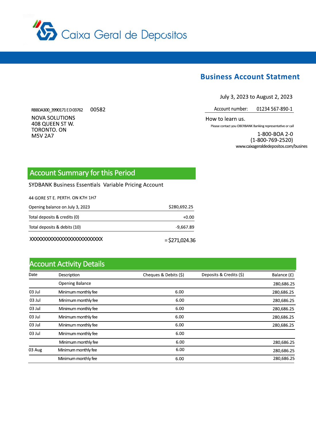 Fake CAIXA Geral de Depósitos Business Bank Statement