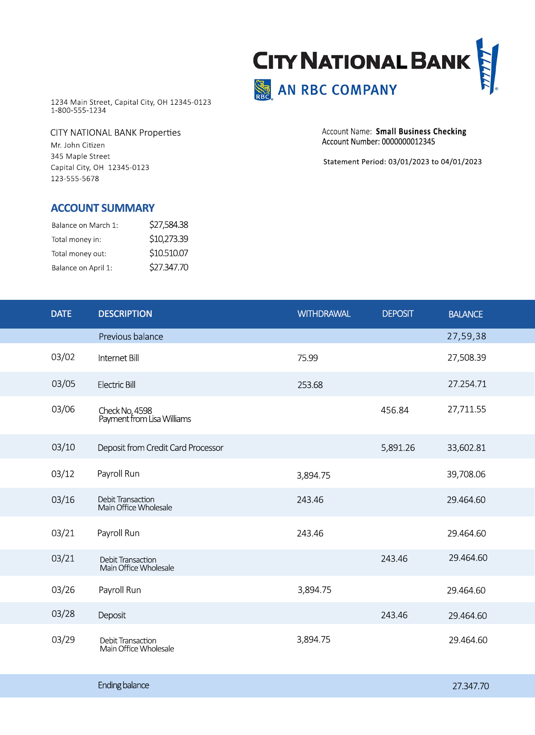 Fake CITY National Business Bank Statement