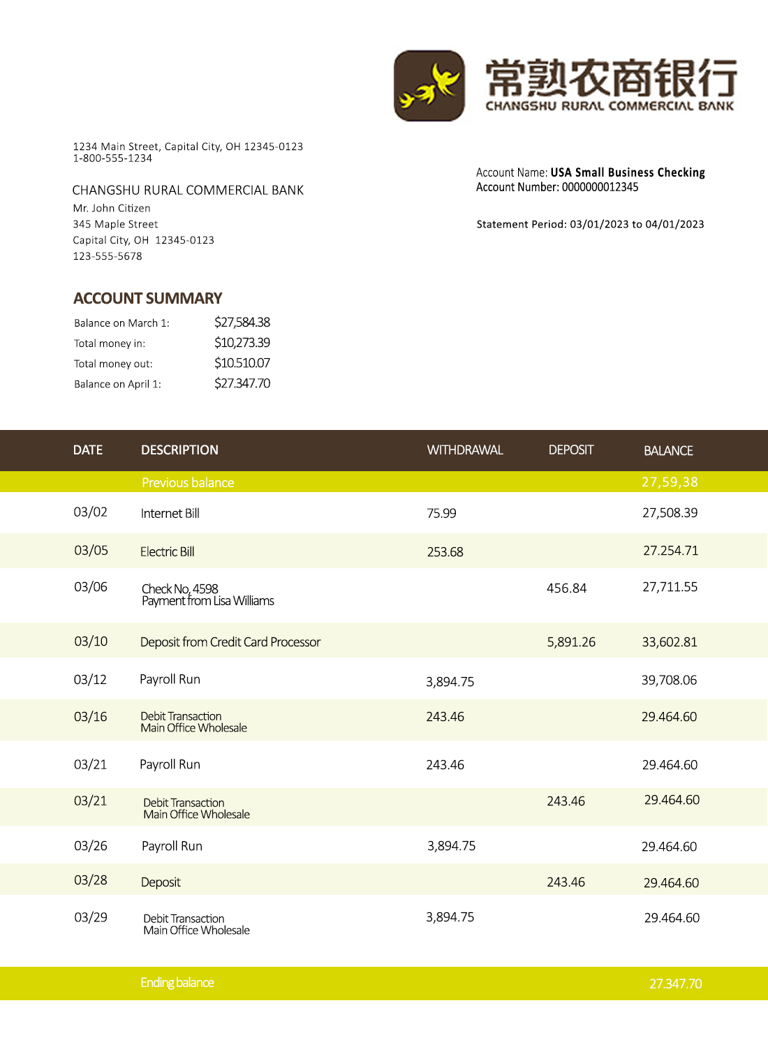 Fake Changsu Rural Commercial Business Bank Statement