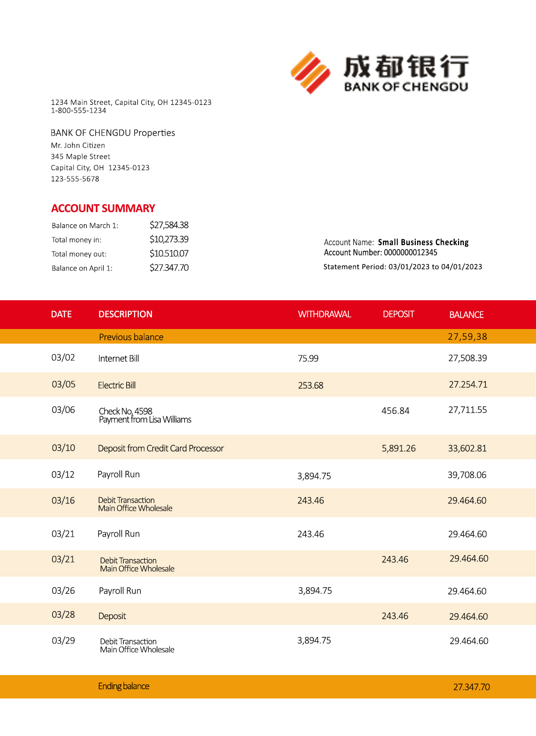 Fake Chengdu Business Bank Statement