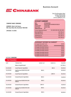Fake China Banking Corporation company Business Bank Statement