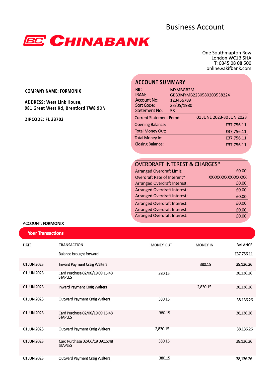 Fake China Banking Corporation company Business Bank Statement
