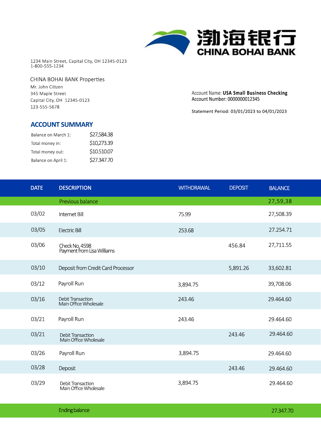 Fake China Bohai Business Bank Statement