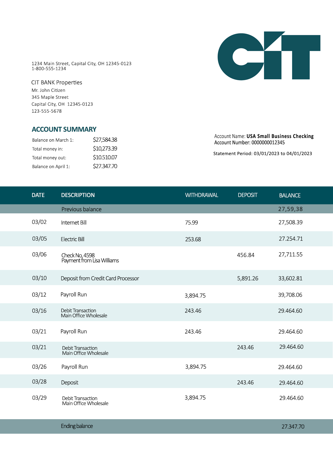 Fake Cit Bank business Bank Statement